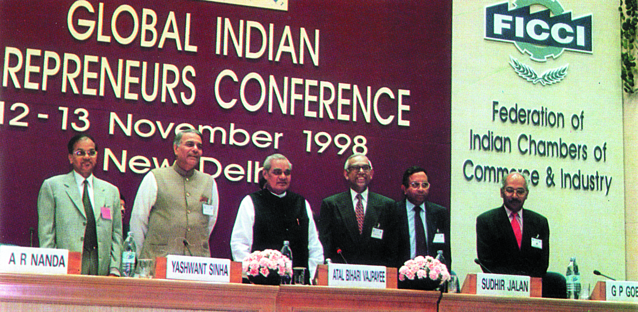 Prime Minister of India, Shri Atal Bihari Vajpayee, at the Global Entrepreneurs Conference organized by FICCI. The second from left are Shri Yashwant Sinha, Finance Minister, Shri Atal Bihari Vajpayee, Shri Sudhir Jalan and Shri G. P. Goenka